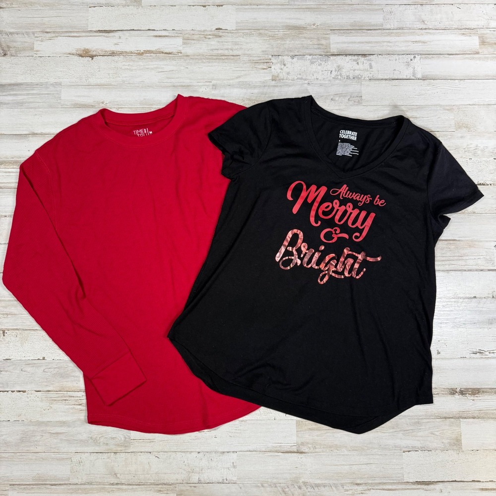 Set Of 2 Women's Christmas T Shirt‎ Sz S & Long Sleeve Red Thermal Top Sz M